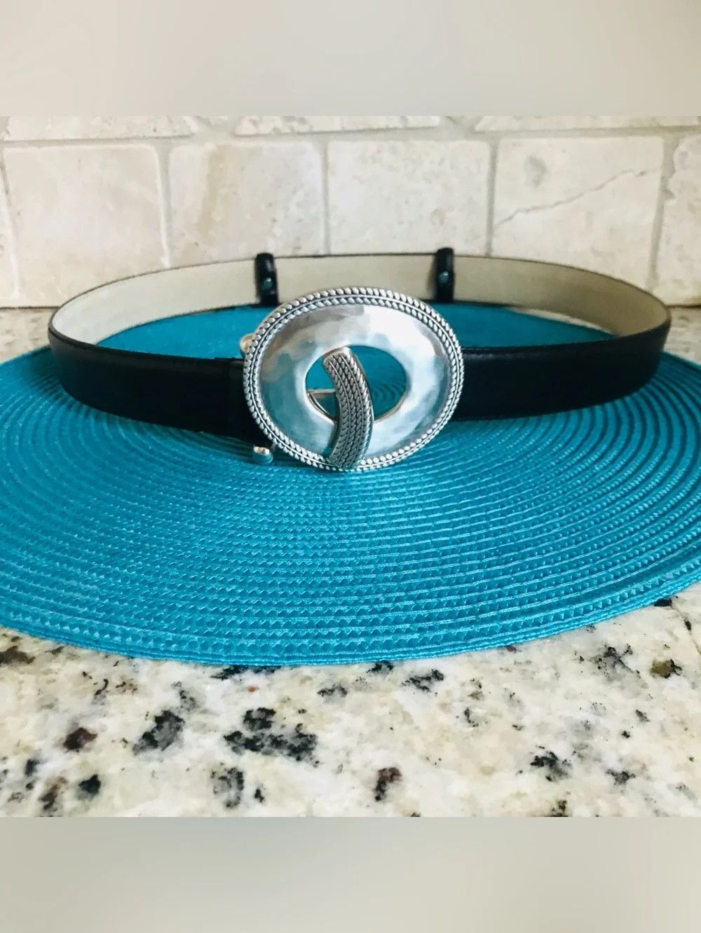 Chico’s Black Leather Belt with Silver Buckle